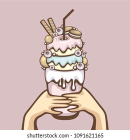 Giant milkshake with donut, blueberry and cookies. Monster Shake in hands vector illustration.Element for menu design. Logo for confectionery and cafe.
