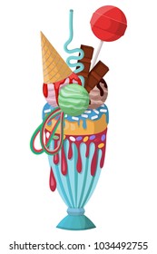Giant milkshake with donut, lollipop, chocolate and ice-cream with waffle. Monstershake, freakshake, crazyshake vector illustration isolated on a white background. Cartoon style.