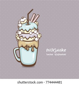 Giant milkshake with donut, marshmallow and muffin. Monster Shake vector illustration.Element for menu design. Logo for confectionery and cafe.