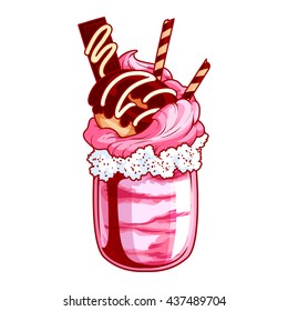 Giant milkshake with donut, strawberry ice cream, chocolate and vanilla. Monstershake in cocktail jar. Vector cartoon illustration isolated on a white background.