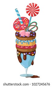 Giant milkshake with donuts, lollipop and marshmallows. Monstershake, freakshake, crazyshake vector illustration isolated on a white background. Cartoon style.