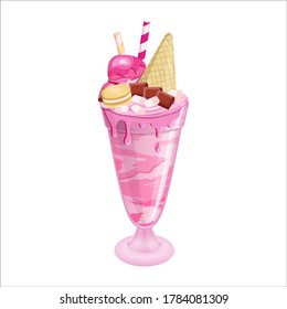 Giant milkshake with marshmallow, drinking straw, strawberry, waffle,chocolate,macaroon. Berry freakshake in the glass. Strawberry drops on the glass with dessert. Cherry ice cream with whipped cream.