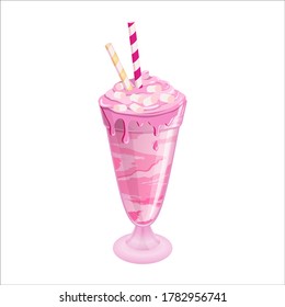 Giant milkshake with marshmallow, tube, drinking straw, strawberry in the decorative glass. Freakshake with berries. Strawberry drops on the glass with dessert. Cherry ice cream with whipped cream.