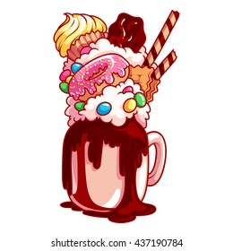 Giant milkshake with muffin, donut, chocolate and candies. Monstershake in cocktail jar. Vector cartoon illustration isolated on a white background.