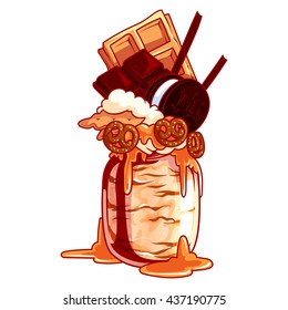 Giant milkshake with waffle, ice cream, chocolate, cookie and caramel. Monstershake in cocktail jar. Vector cartoon illustration isolated on a white background. svg