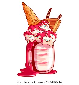 batido gigante con gofre, helado, chocolate, wafer y mermelada de cerezo. Sacudida de dinero en un frasco. Ilustración de dibujos animados aislados en fondo blanco.