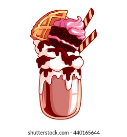 Giant milkshake with white cake and waffle. Monstershake in cocktail jar. Vector cartoon illustration isolated on a white background.