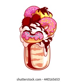 Giant milkshake with white donuts and cookies. Monstershake in cocktail jar. Vector cartoon illustration isolated on a white background. svg