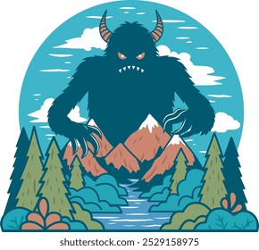 Giant monster among mountain design art