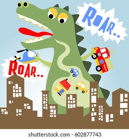 Giant monster attack city, vector cartoon illustration