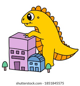 The giant monster lizard is walking in the city. doodle icon draw. cartoon doodle sticker draw
