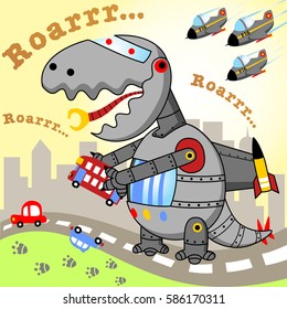 Giant monster robot attack city, rampaging in the road, fighter jet guarding city, vector cartoon illustration