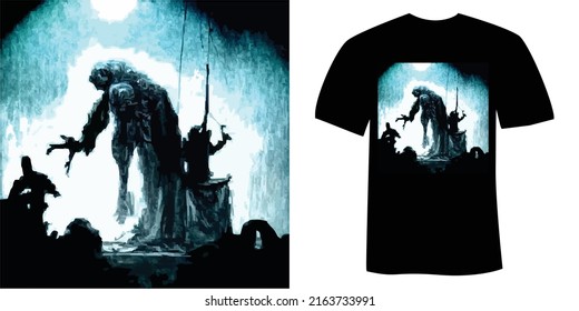 giant monster and skeleton t-shirt and apparel horror design vector illustration