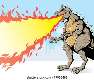 Giant monster, spewing flames in a city