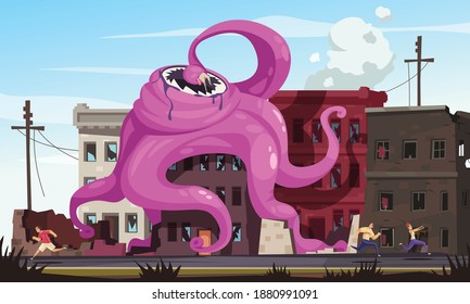 Giant monster with tentacles destroying city and people running from it cartoon vector illustration