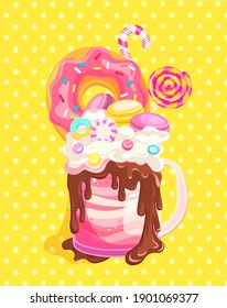 Giant monsterhake with donut, chocolate, macaroons and candies on vintage background. Isolated milkshake in cocktail jar. Sweet drink with mix of sweets. Cocktail with toppings. Vector illustration.