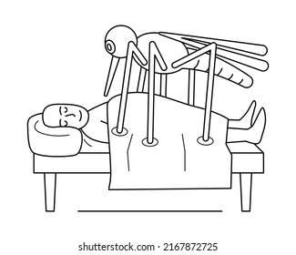 Giant mosquito on the bed with a man. A large insect is preventing a bald man from sleeping.