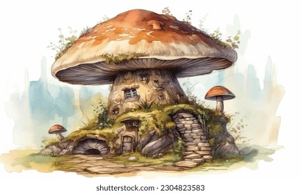 A giant mushroom with house watercolor painting Abstract background.
