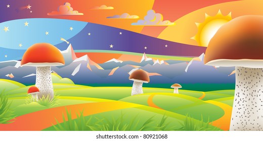 Giant mushrooms sunset landscape vector illustration