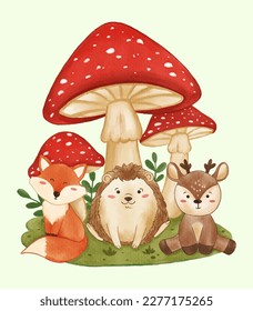 Giant mushrooms with wildlife animals fox hedgehog and deer . Realistic watercolor paint with paper textured . Cartoon character design . Vector .