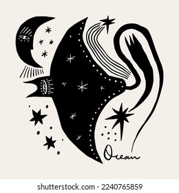 Giant oceanic manta ray boho modern abstract artisan illustration clipart in scandinavian style