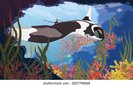 A giant oceanic manta ray floats into underwater cave with a tropical coral reef with algae and colorful tropical fish. Manta rays Mobula birostris. Realistic vector seascape