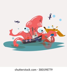 Giant Octopus Attack Boat. - Vector Illustration