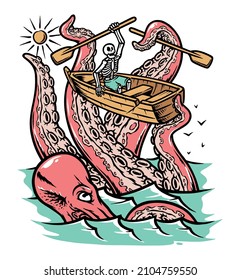 Giant Octopus Attack Skull In The Sea Illustration