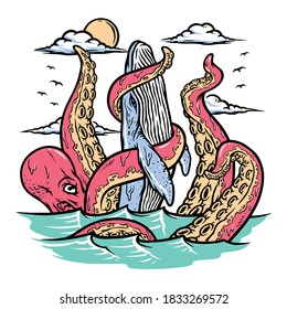 Giant octopus attacks whales illustration