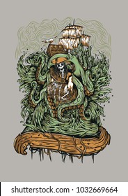 Giant Octopus Beats Pirate Vector Illustration