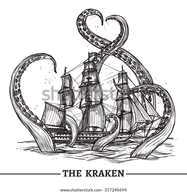 Giant octopus catches old style sail ship\
hand drawn vector\
illustration