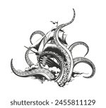 Giant octopus catches sail ship. Kraken attack hand drawn engraving vector illustration