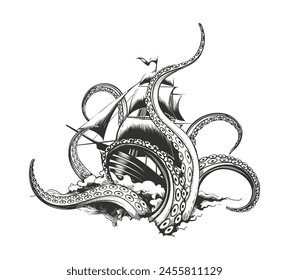 Giant octopus catches sail ship. Kraken attack hand drawn engraving vector illustration