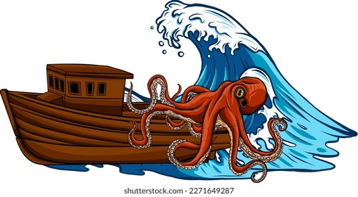 Giant octopus catches ship vector illustration