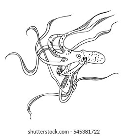 Giant octopus with eight tentacles floating in the ocean depths.  Hand drawing. Vector illustration. Isolated on the white background. 
