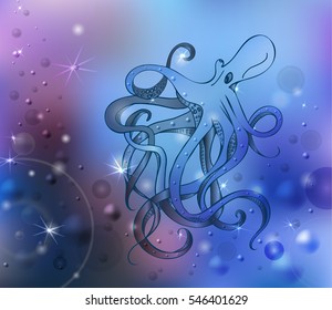 Giant octopus with eight tentacles floating in the ocean depths. Bokeh effect, the air bubbles. Hand drawing. Vector illustration
