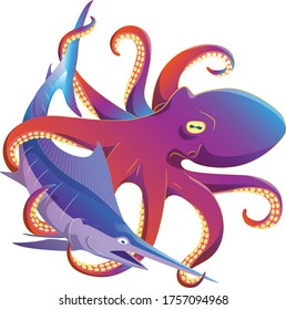 Giant octopus fights against blue marlin in the ocean