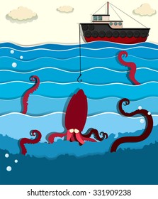 Giant octopus and fishing boat illustration
