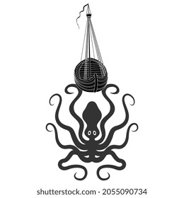 Giant octopus holding vintage sailing boat ship on its tentacles. Creative funny aquatic animal concept. Monochrome silhouette.