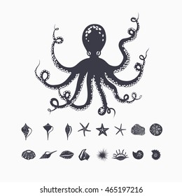 giant octopus isolated on white, set of sea creatures, shells and starfish, vector marine illustration