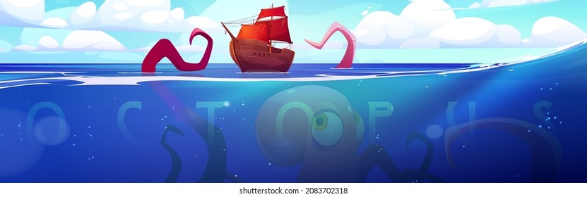 Giant octopus, kraken legendary scandinavian folklore monster trying to bring down wooden ship stretching tentacles over the ocean water surface, fantasy creepy character, Cartoon vector illustration