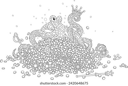 Pulpo gigante y una gran pila de monedas de oro y joyas de un tesoro de un reino de hadas en el fondo del mar después de un naufragio en una tormenta terrible, dibujos animados vectores en blanco y negro para un libro de colorear