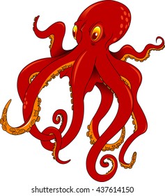 Giant octopus in red and orange color isolated on white background