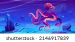 Giant octopus swim under water in ocean. Vector cartoon illustration of underwater sea landscape with marine animal with tentacles and suckers. Ocean bottom with seaweed, stones and purple squid