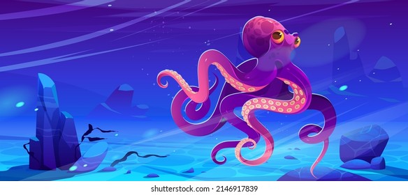 Giant octopus swim under water in ocean. Vector cartoon illustration of underwater sea landscape with marine animal with tentacles and suckers. Ocean bottom with seaweed, stones and purple squid