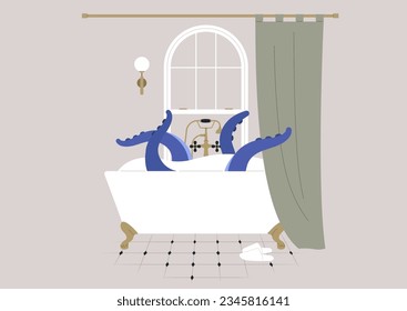 A giant octopus taking a relaxing bath with soap foam, a claw foot vintage tub behind the curtain