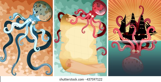 Giant octopus in three different scenes illustration
