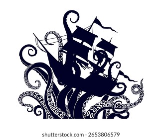 O polvo gigante envolve seus tentáculos ao redor de um veleiro. Silhueta de um kraken quebrando um navio. Isolado desenho monstro subaquático. Tatuagem mítica da besta do mar. Ilustração vetorial