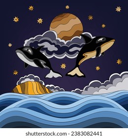 giant orcas flying in the night sky