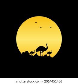 Giant Ostrich Silhouette Vector, logo icon template image, moon or sunset background